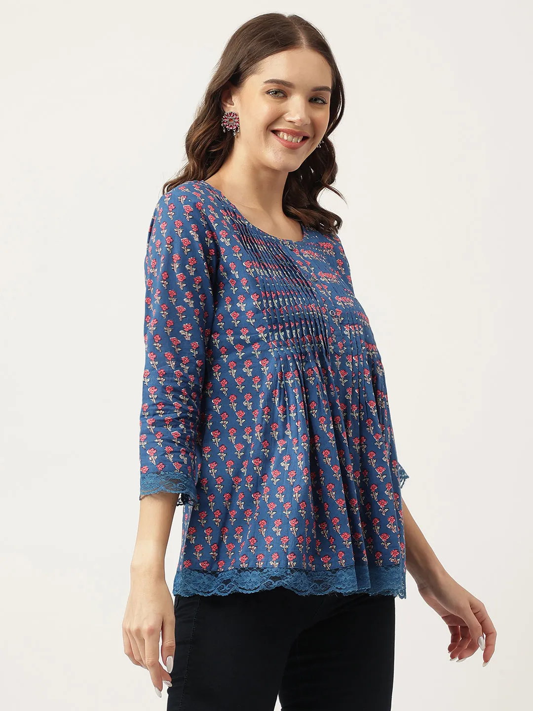 Jashvi Navy Blue Floral Printed Cotton Peplum Top