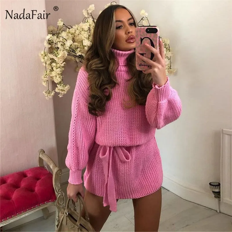 Joskaa hoco dresses Christmas Gift Nadafair Long Sleeve Elegant Tunic Sweater Dress Women Party Bodycon V Neck Casual Mini Slim Knitted Warm Winter Dress