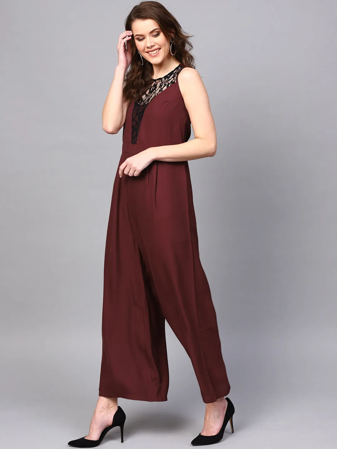 Lace Neck Maroon Palazzo Jumpsuit