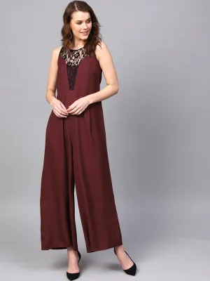 Lace Neck Maroon Palazzo Jumpsuit