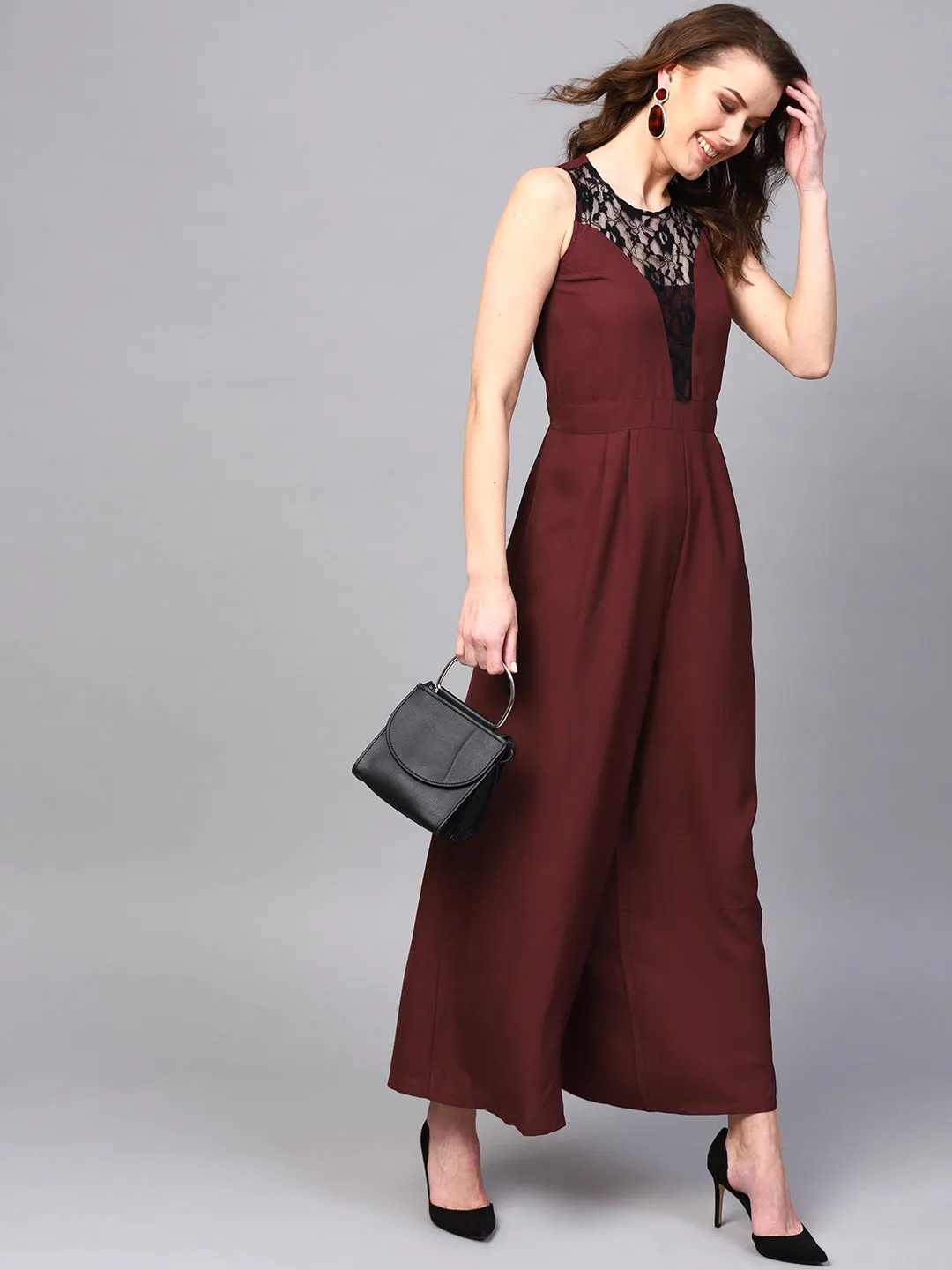 Lace Neck Maroon Palazzo Jumpsuit