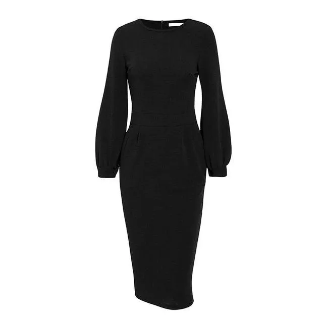 Lantern Plus Size Elegant O-neck Pockets Office Dress