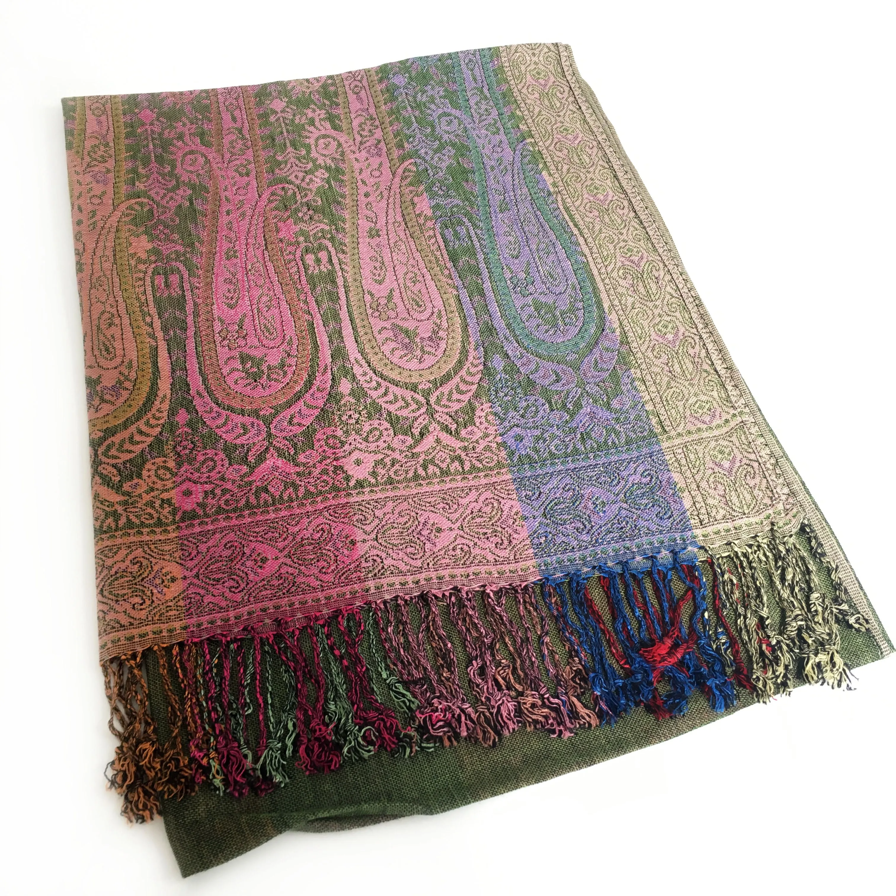 LARGE GREEN RAINBOW MULTI COLOUR PAISLEY PRINT PASHMINA SHAWL SCARF