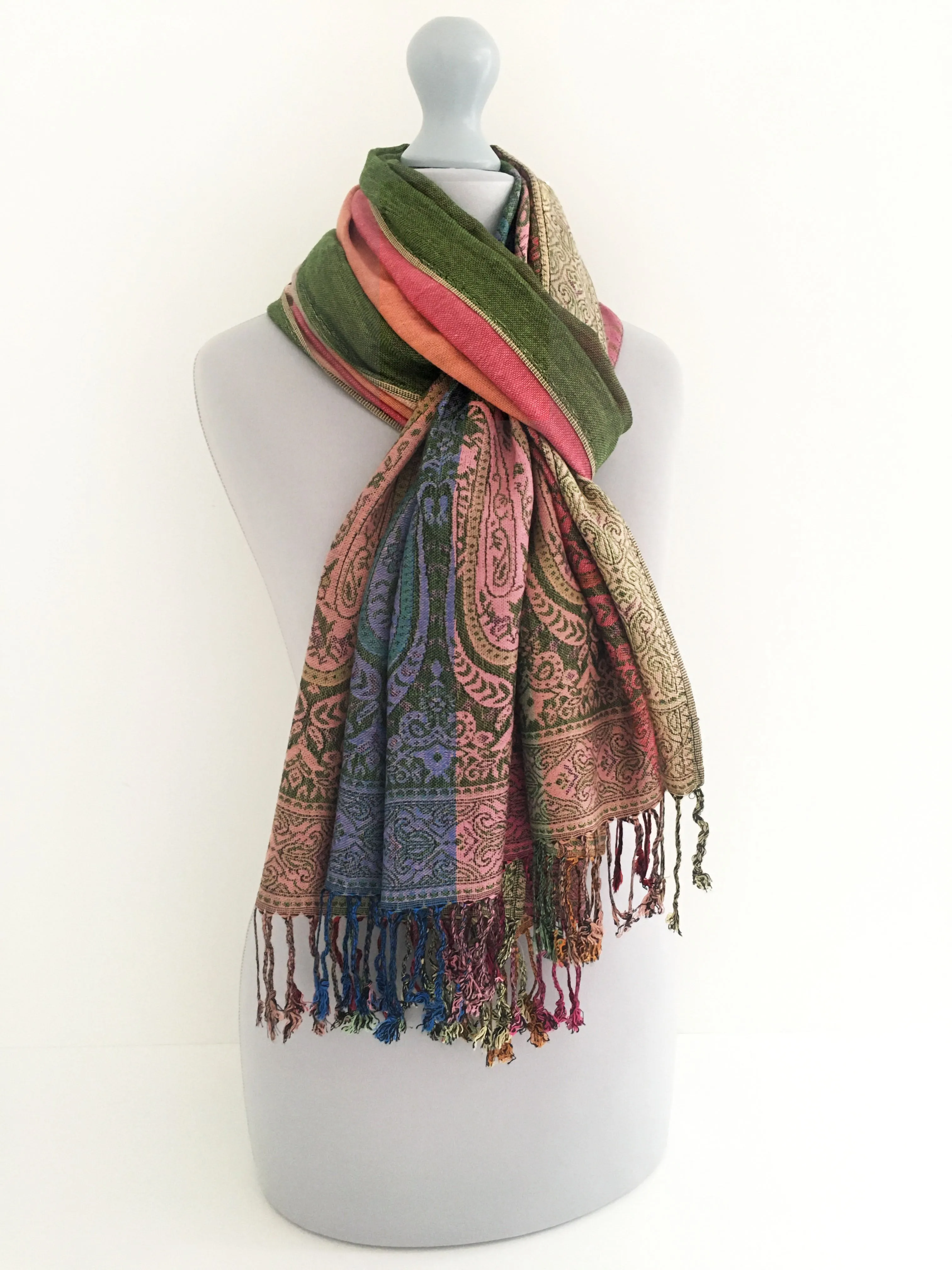 LARGE GREEN RAINBOW MULTI COLOUR PAISLEY PRINT PASHMINA SHAWL SCARF