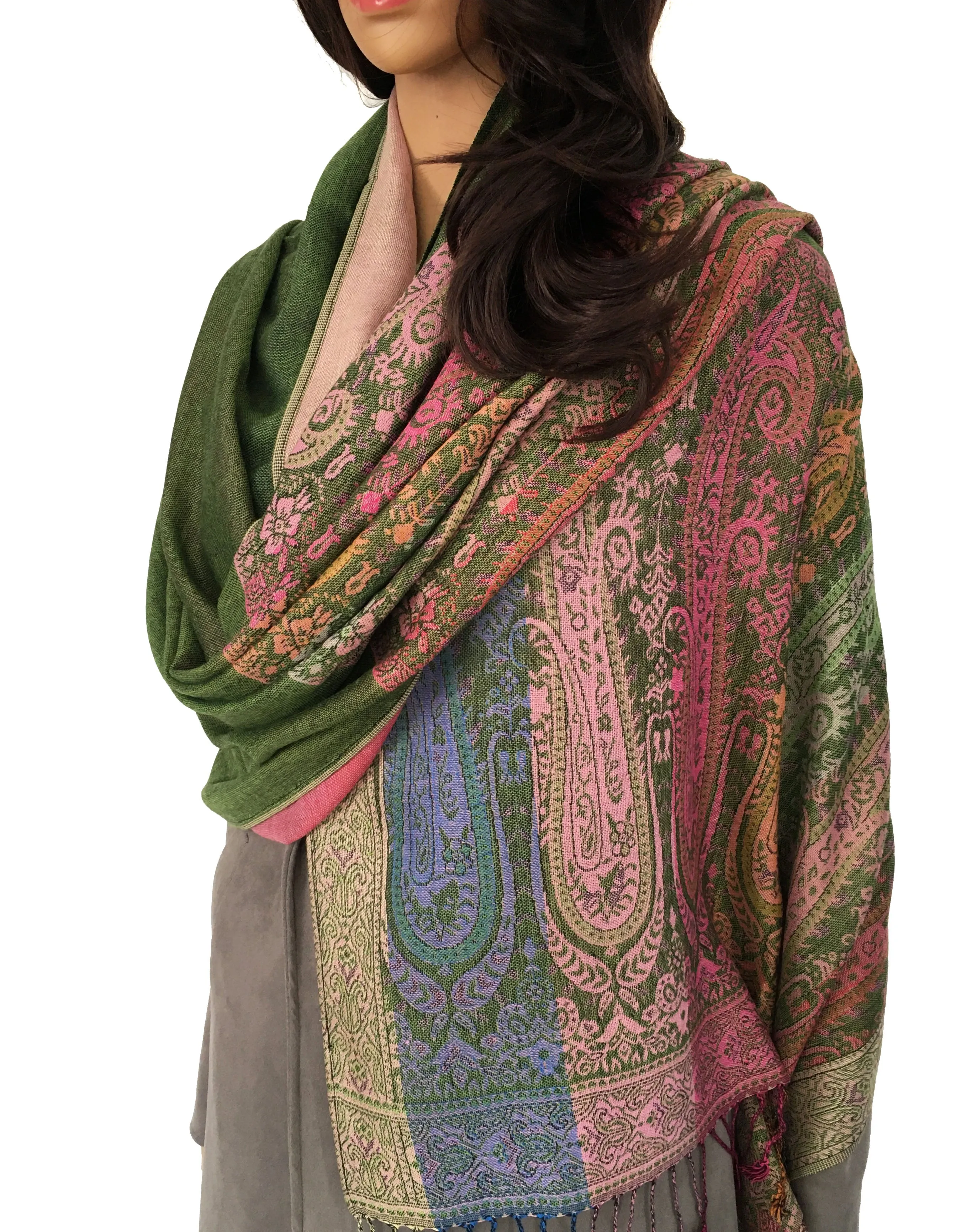 LARGE GREEN RAINBOW MULTI COLOUR PAISLEY PRINT PASHMINA SHAWL SCARF