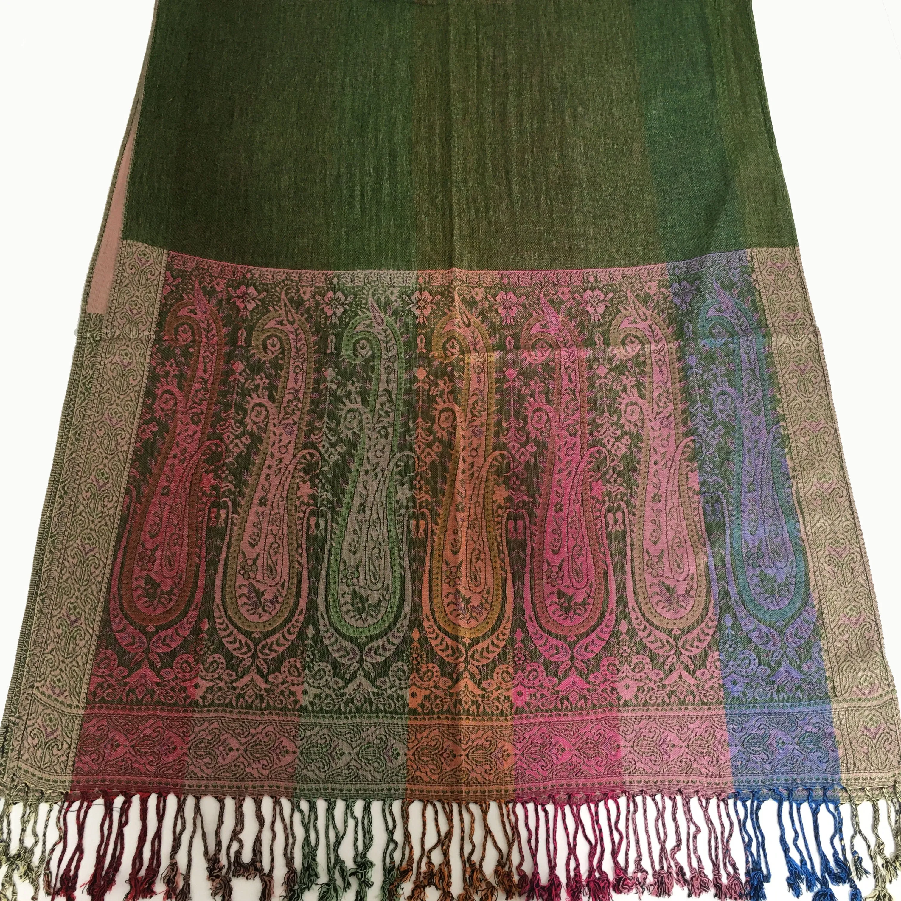 LARGE GREEN RAINBOW MULTI COLOUR PAISLEY PRINT PASHMINA SHAWL SCARF