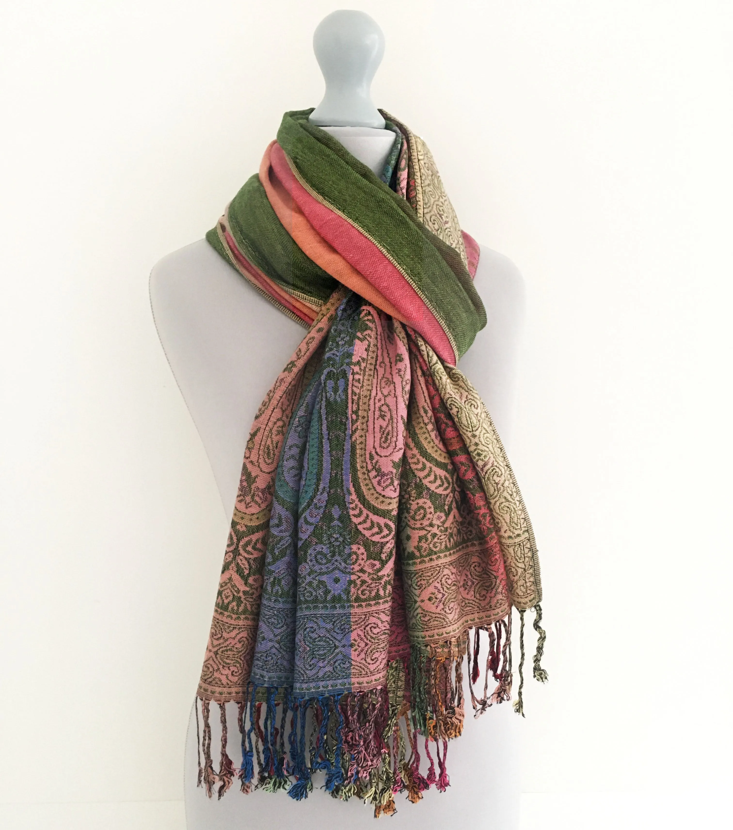 LARGE GREEN RAINBOW MULTI COLOUR PAISLEY PRINT PASHMINA SHAWL SCARF