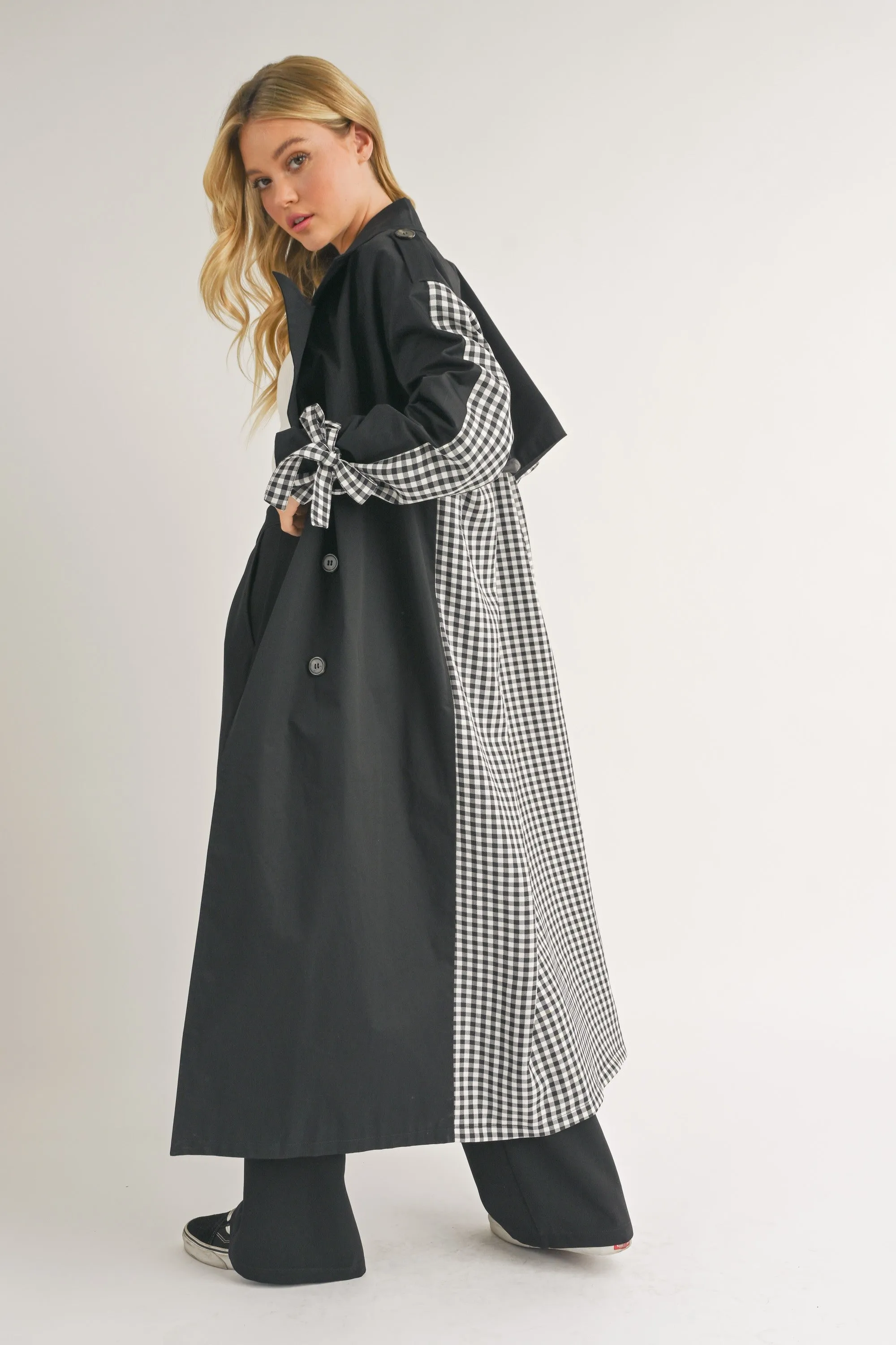 LAUREN BLACK AND WHITE CHECKERED TRENCH COAT