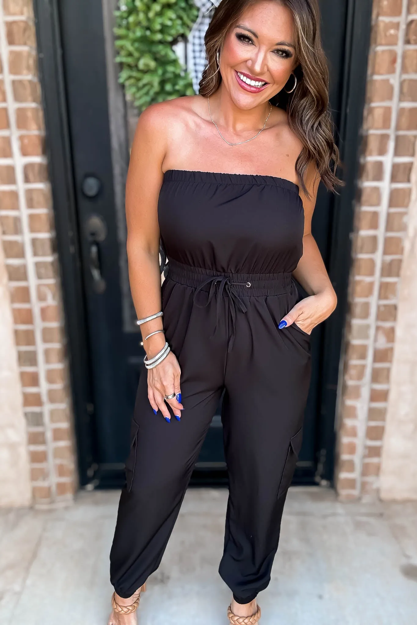 Long Black Cargo Drawstring Jogger Jumpsuit