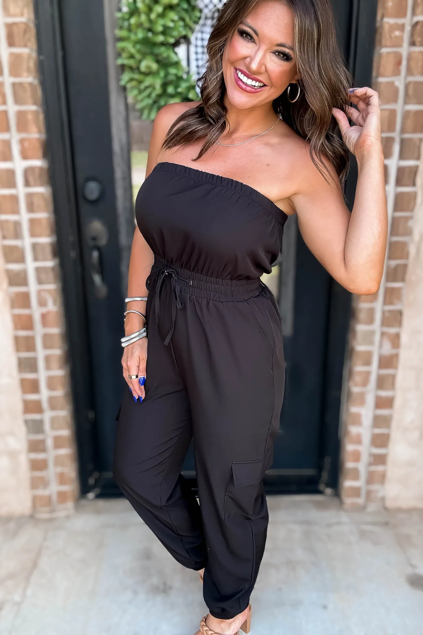 Long Black Cargo Drawstring Jogger Jumpsuit