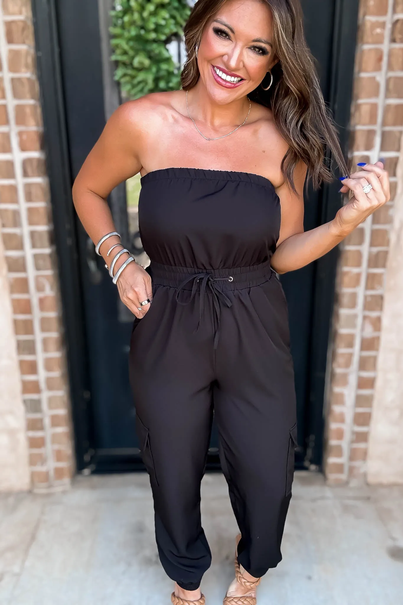 Long Black Cargo Drawstring Jogger Jumpsuit