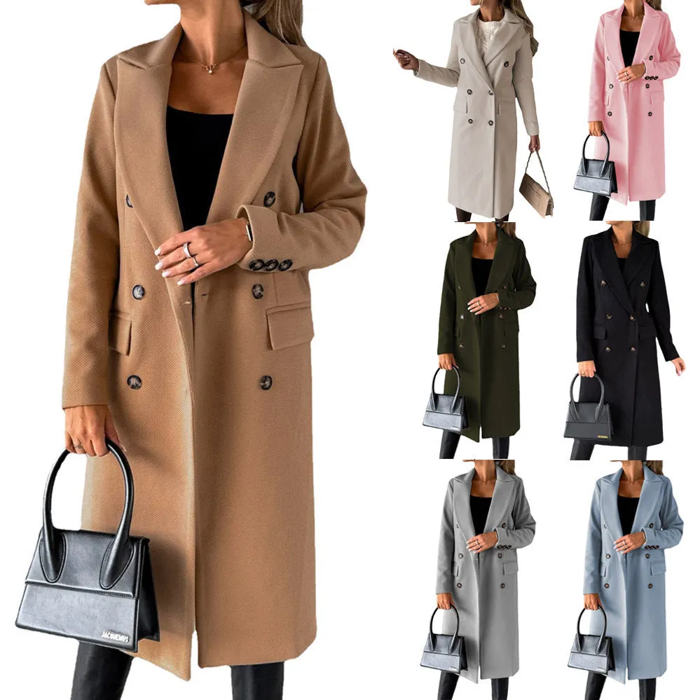 Long Sleeve Lapel Coat Winter Solid Double Breasted Slim Long Jacket Womens Clothing