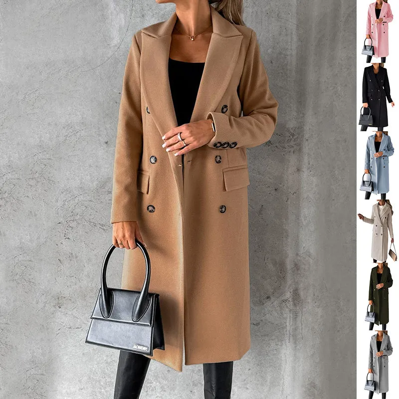 Long Sleeve Lapel Coat Winter Solid Double Breasted Slim Long Jacket Womens Clothing