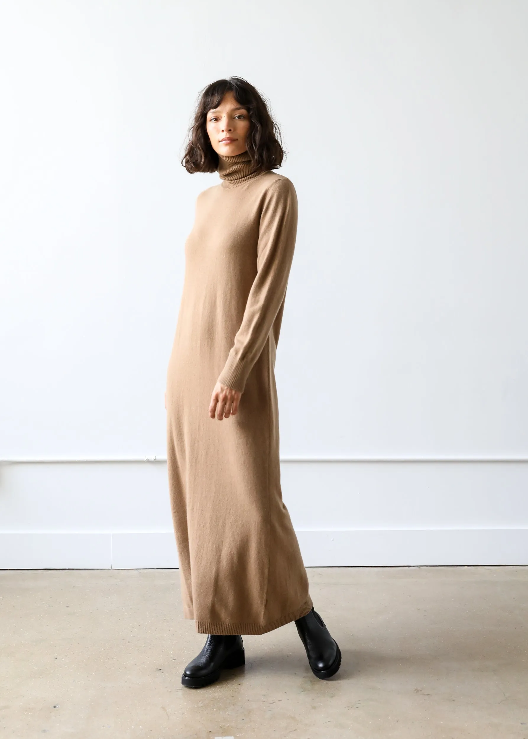 Lucia Turtleneck Dress in Camel Cashmere