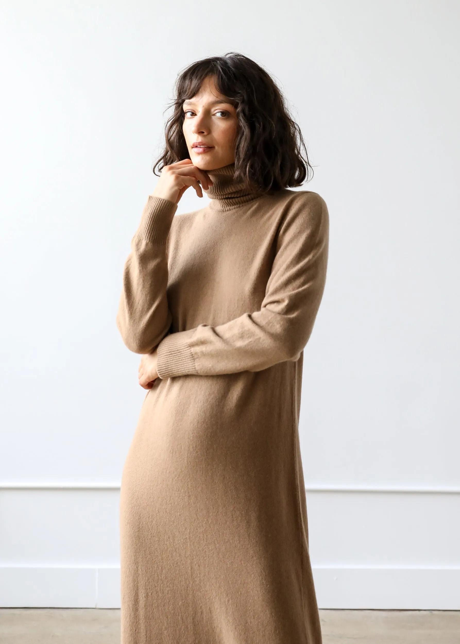 Lucia Turtleneck Dress in Camel Cashmere