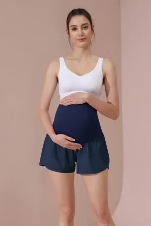 Maacie Navy Women Maternity Layered Fast Drying Yoga Shorts with Liner Inner Pocket