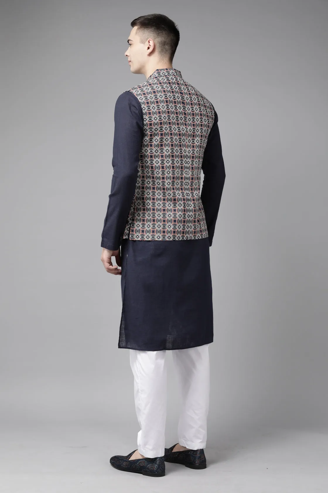 Men Blue & Maroon Printed Pure Cotton Neharu Jacket