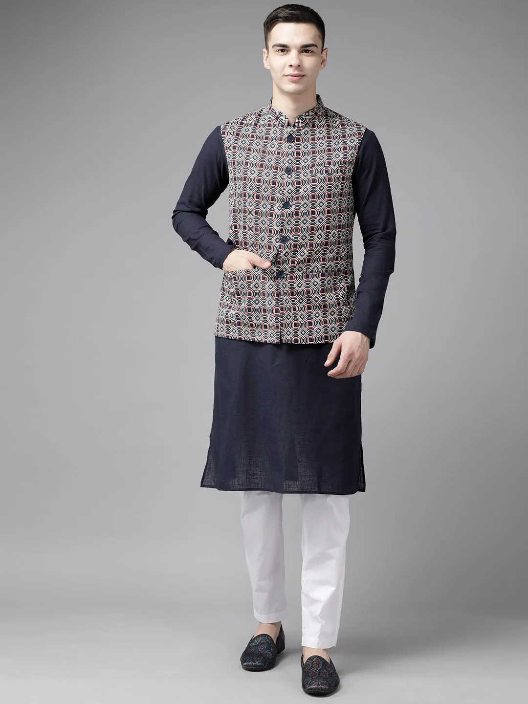 Men Blue & Maroon Printed Pure Cotton Neharu Jacket