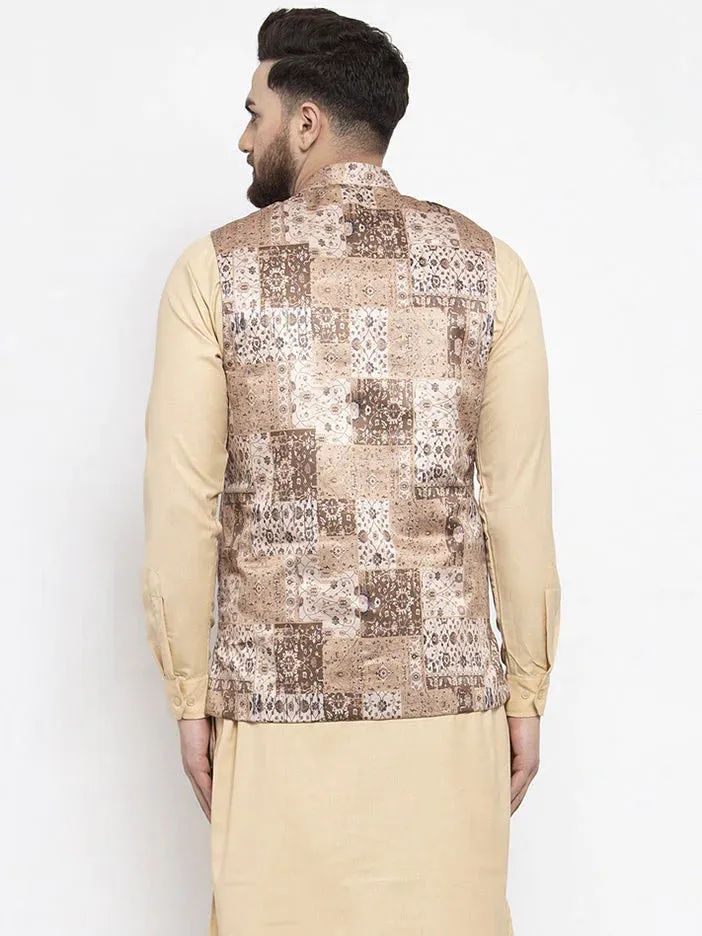 Men'S Beige Printed Nehru Jacket