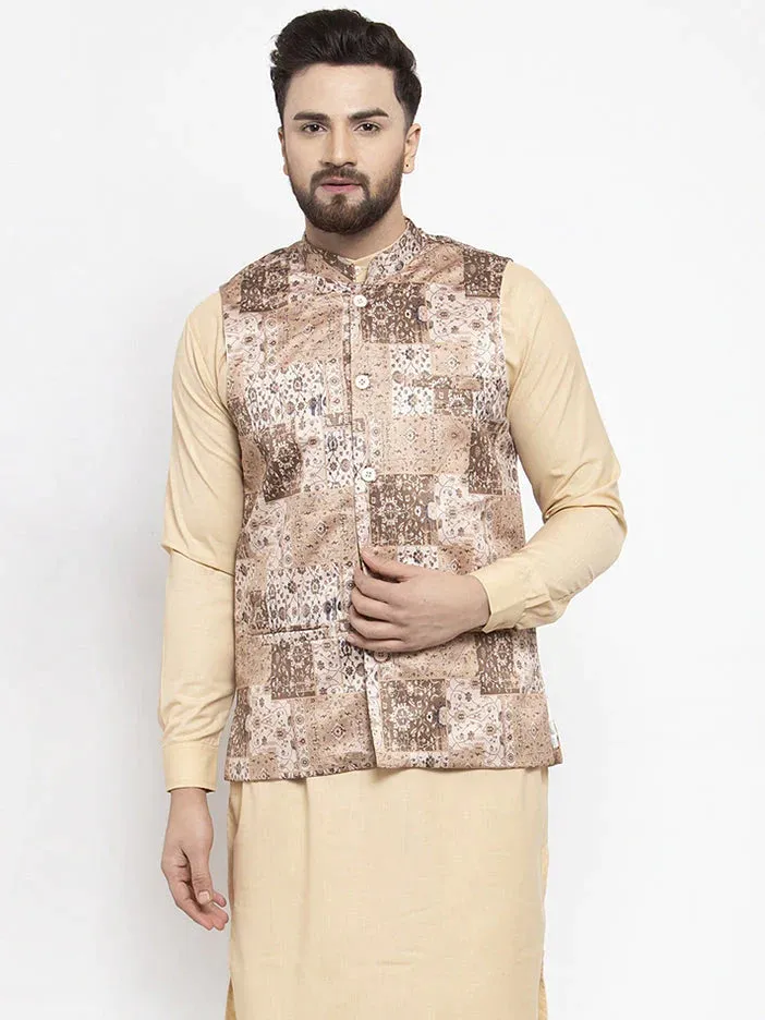 Men'S Beige Printed Nehru Jacket