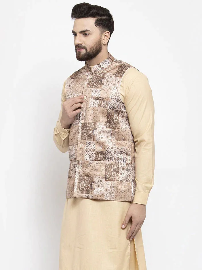 Men'S Beige Printed Nehru Jacket