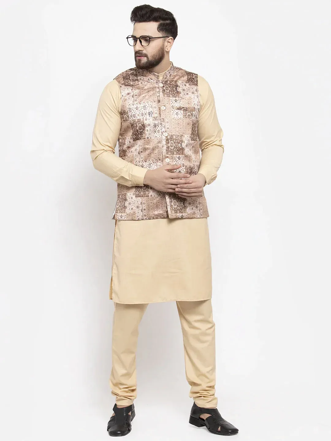 Men'S Beige Printed Nehru Jacket