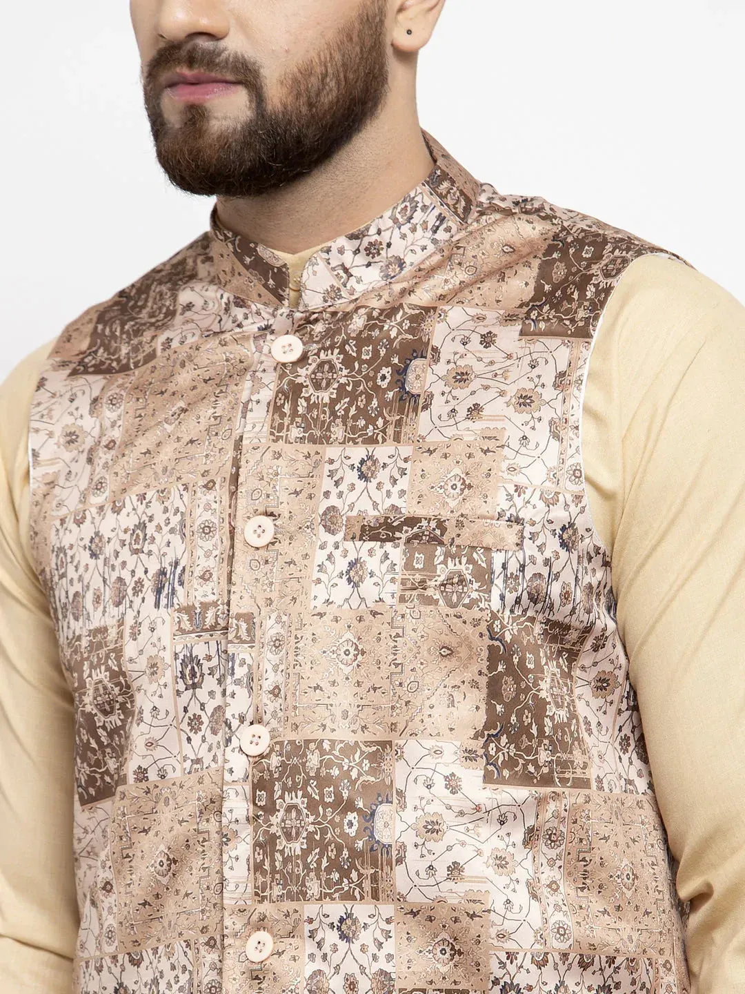 Men'S Beige Printed Nehru Jacket