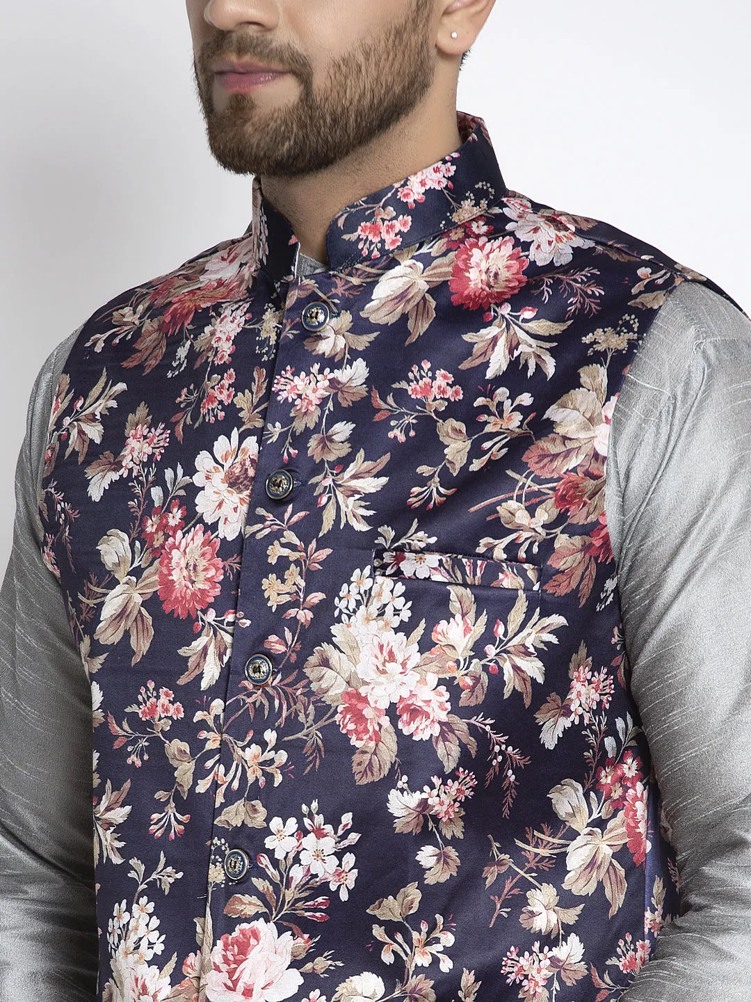 Men's Silk Blend Grey Kurta With Pyjama & Navy Printed Nehru Jacket - Benstoke