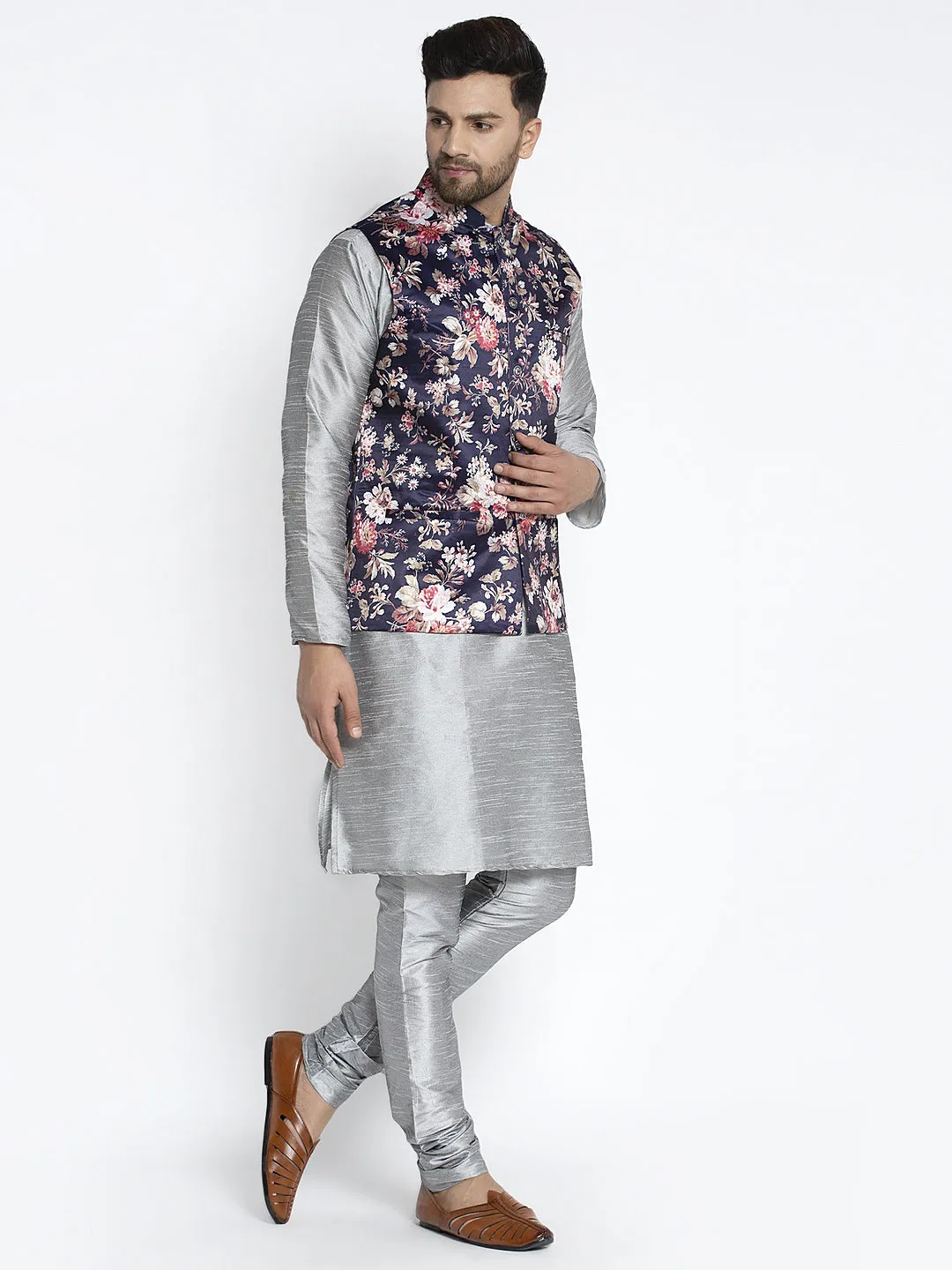 Men's Silk Blend Grey Kurta With Pyjama & Navy Printed Nehru Jacket - Benstoke