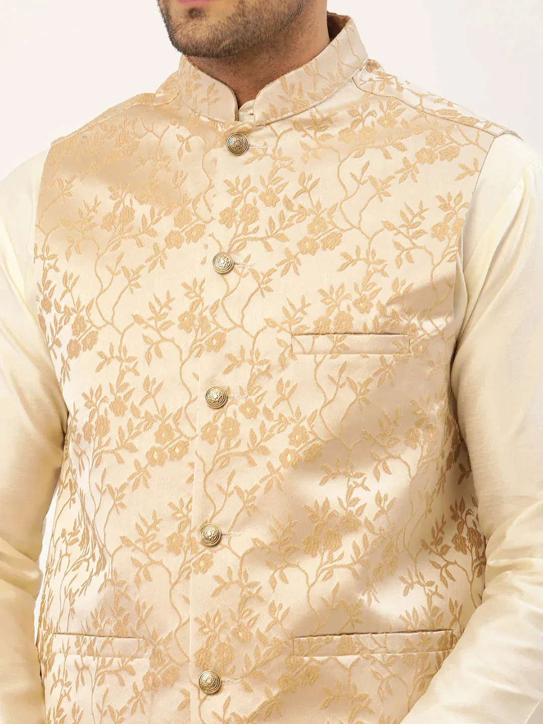 Men'S Solid Kurta Pyjama With Beige Floral Embroidered Nehru Jacket