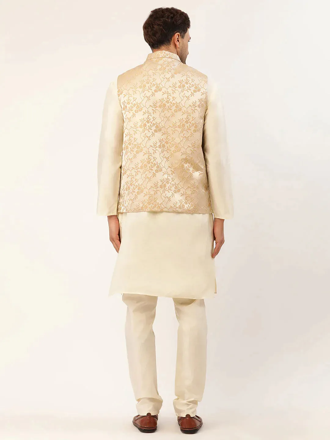 Men'S Solid Kurta Pyjama With Beige Floral Embroidered Nehru Jacket