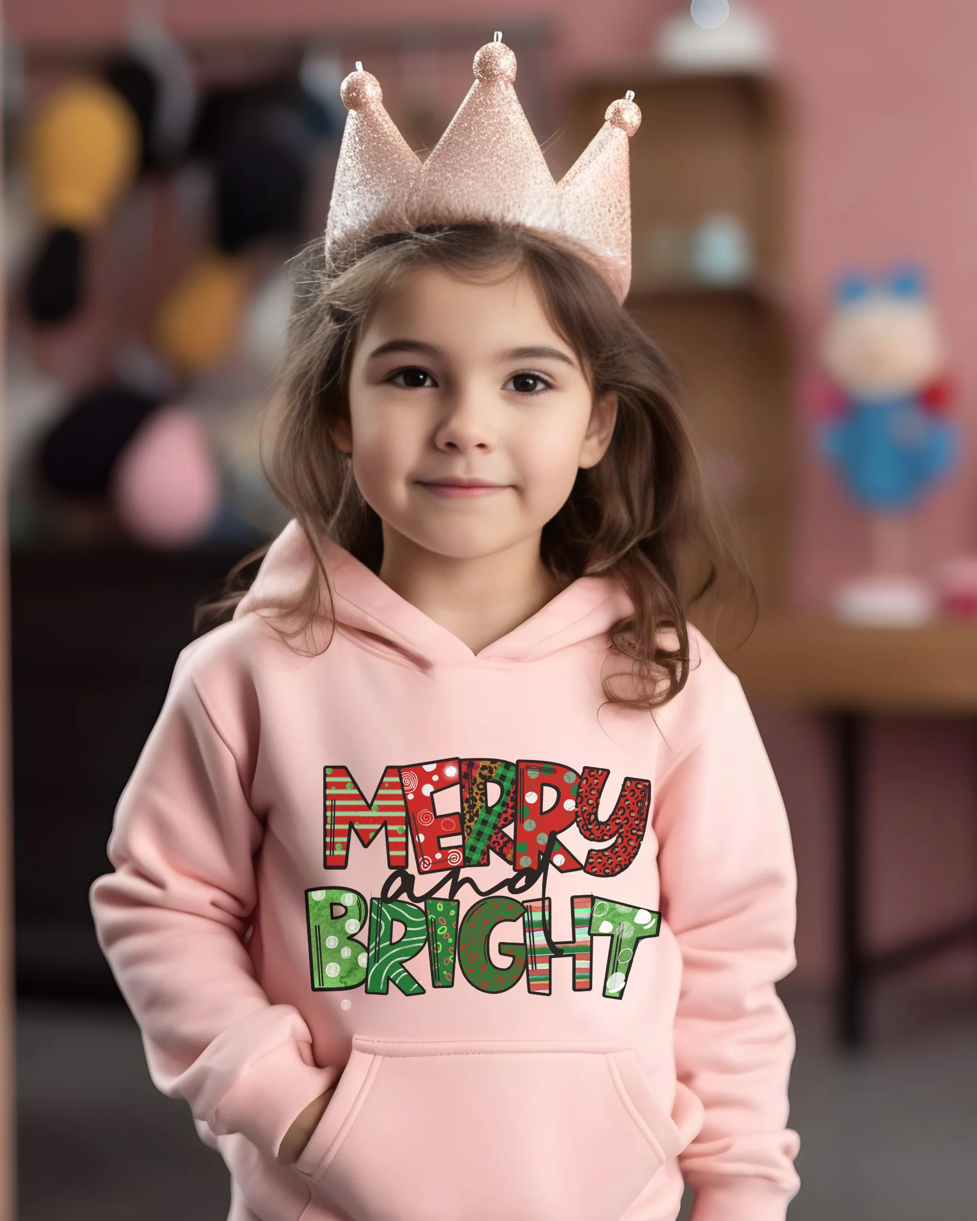 Merry and Bright Youth Hooded Sweatshirt, Cute Kids Christmas Hoodie, Soft, Cozy, Winter Sweatshirt