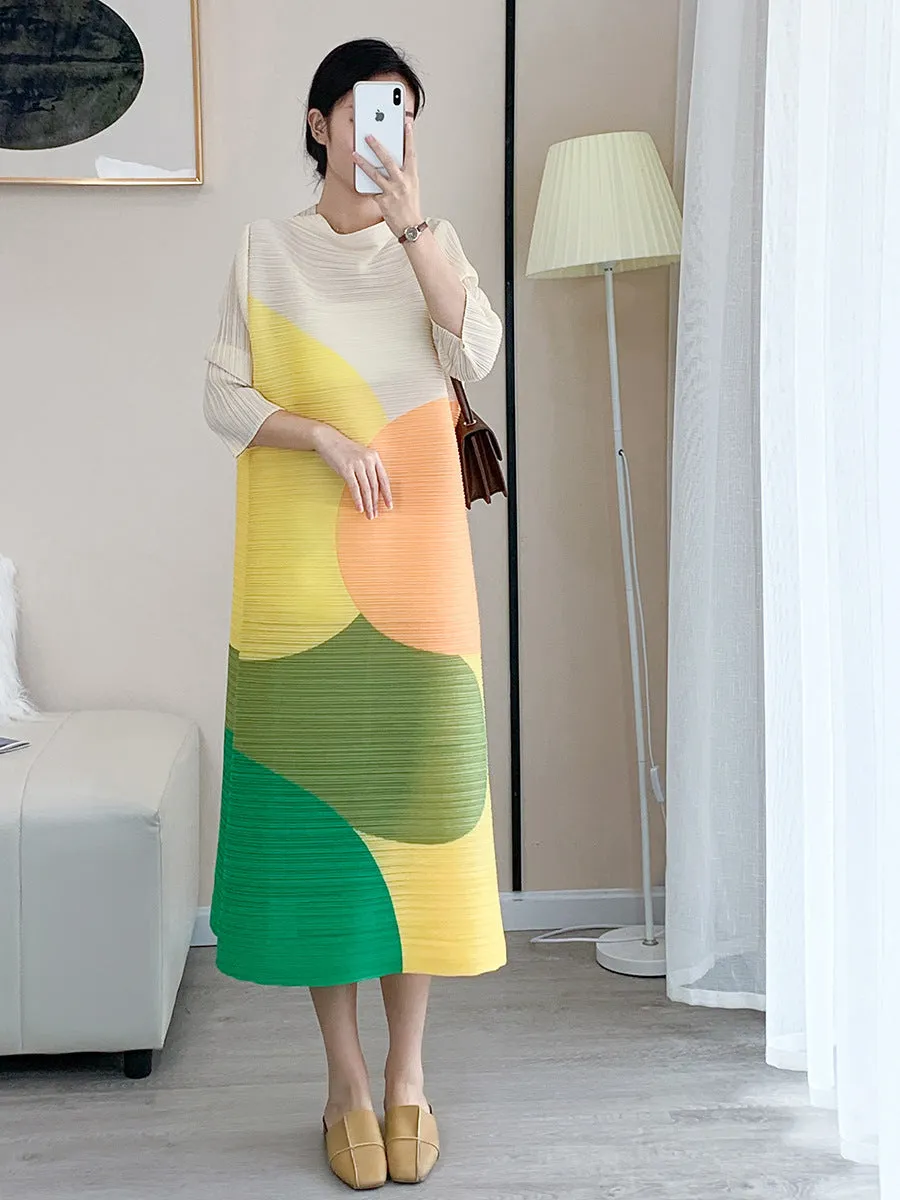 Miyake Pleated Color Block Turtleneck Midi Dress