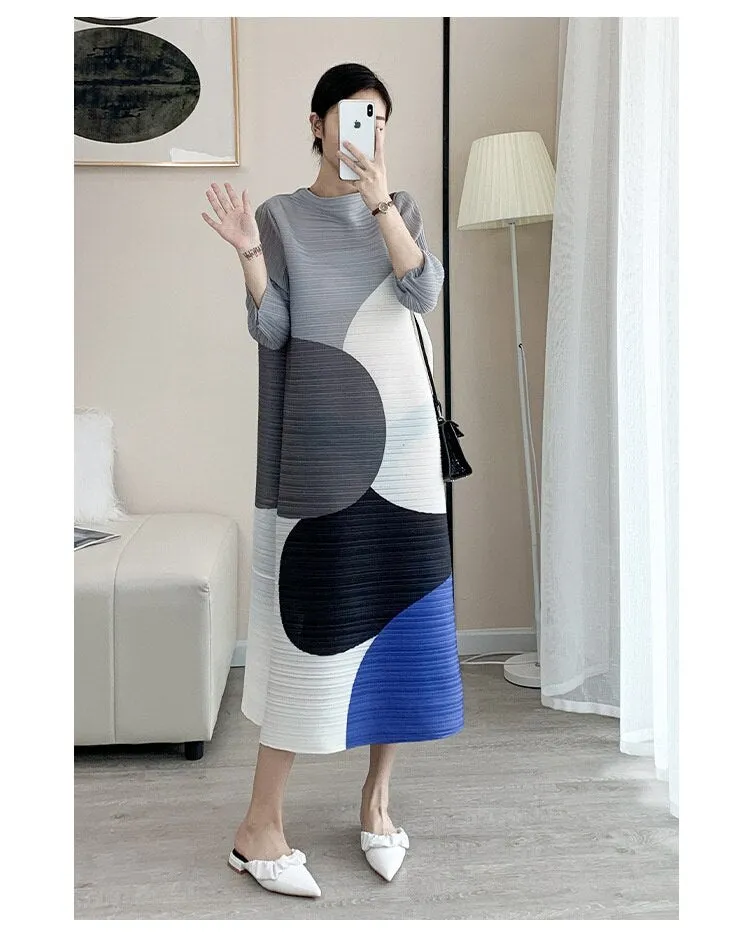 Miyake Pleated Color Block Turtleneck Midi Dress