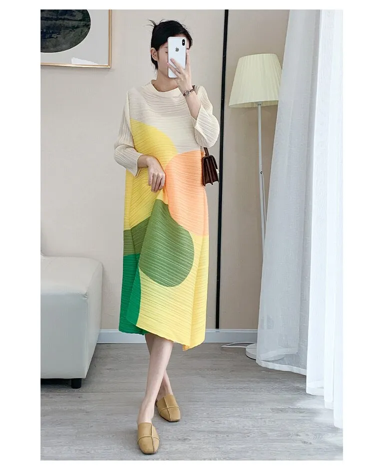 Miyake Pleated Color Block Turtleneck Midi Dress