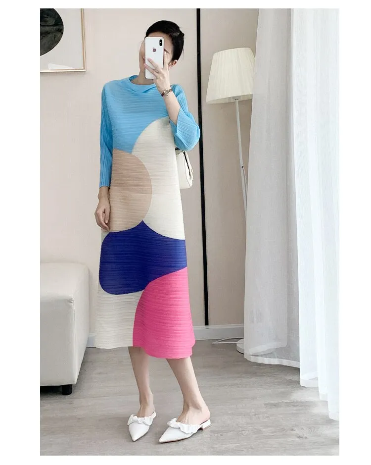 Miyake Pleated Color Block Turtleneck Midi Dress