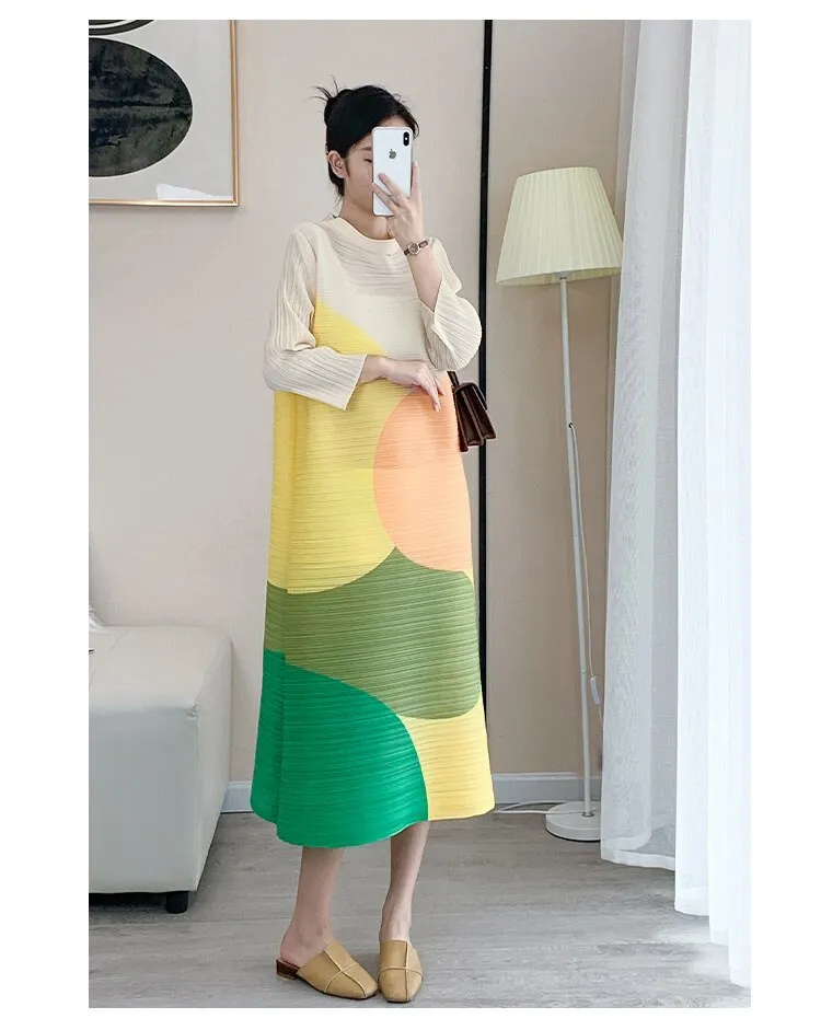 Miyake Pleated Color Block Turtleneck Midi Dress