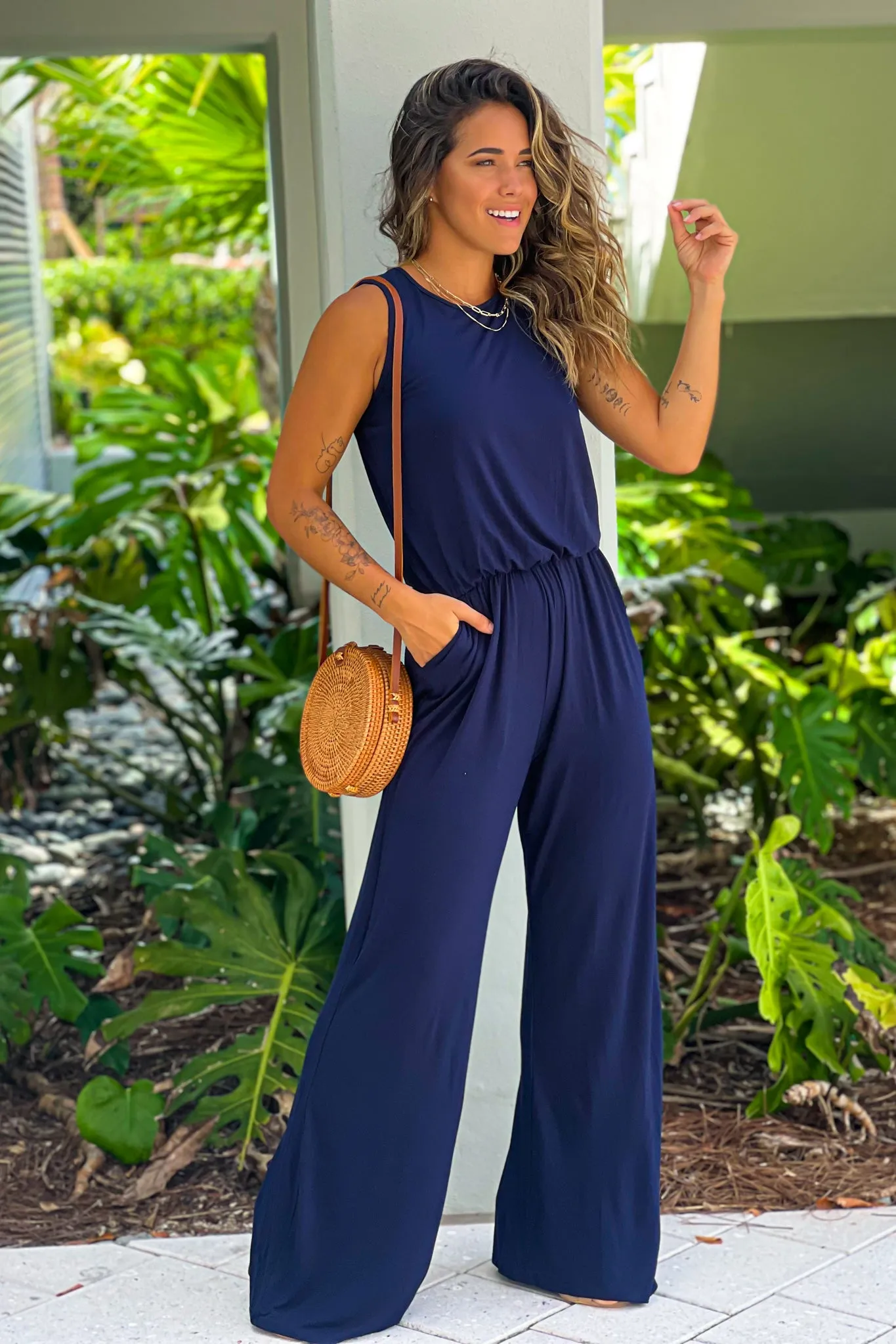 Navy Sleeveless Jumpsuit with Pockets