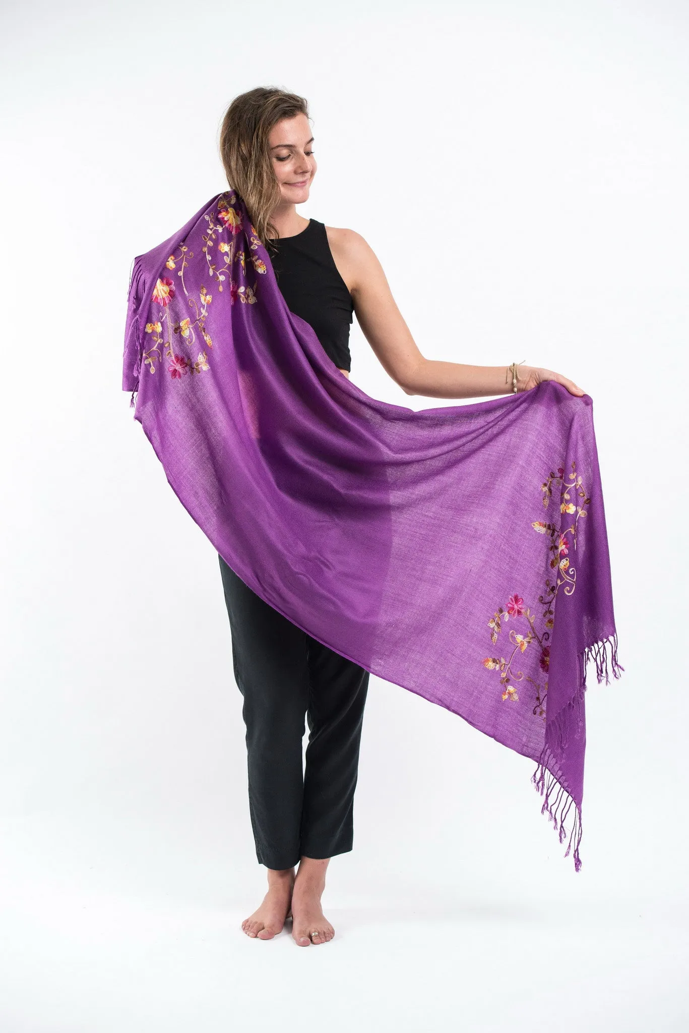 Nepal Floral Embroidered Pashmina Shawl Scarf in Purple