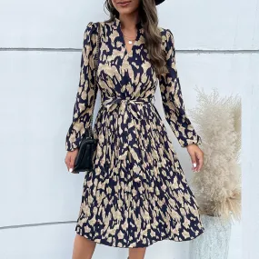 New Stylish Women's Pleated Floral Long Sleeve Midi Dress