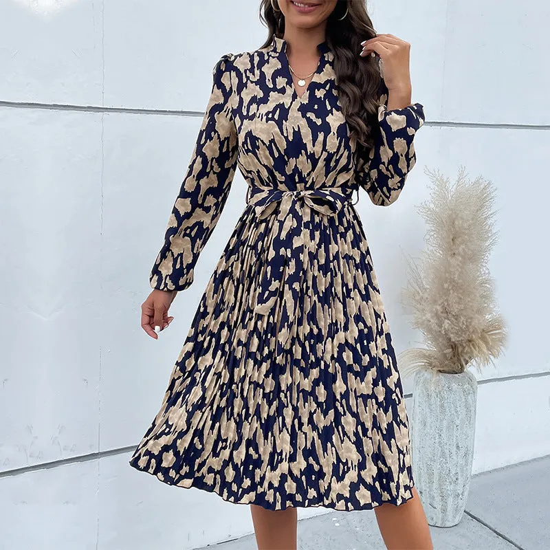 New Stylish Women's Pleated Floral Long Sleeve Midi Dress