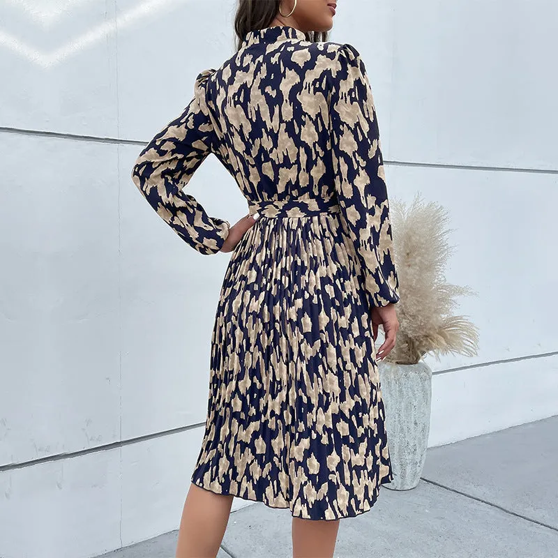 New Stylish Women's Pleated Floral Long Sleeve Midi Dress