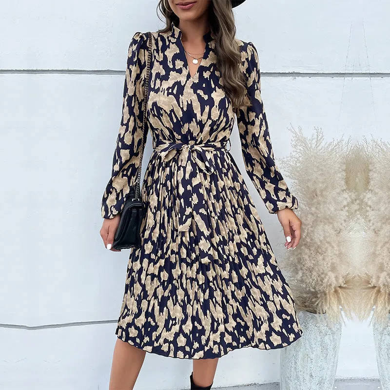 New Stylish Women's Pleated Floral Long Sleeve Midi Dress