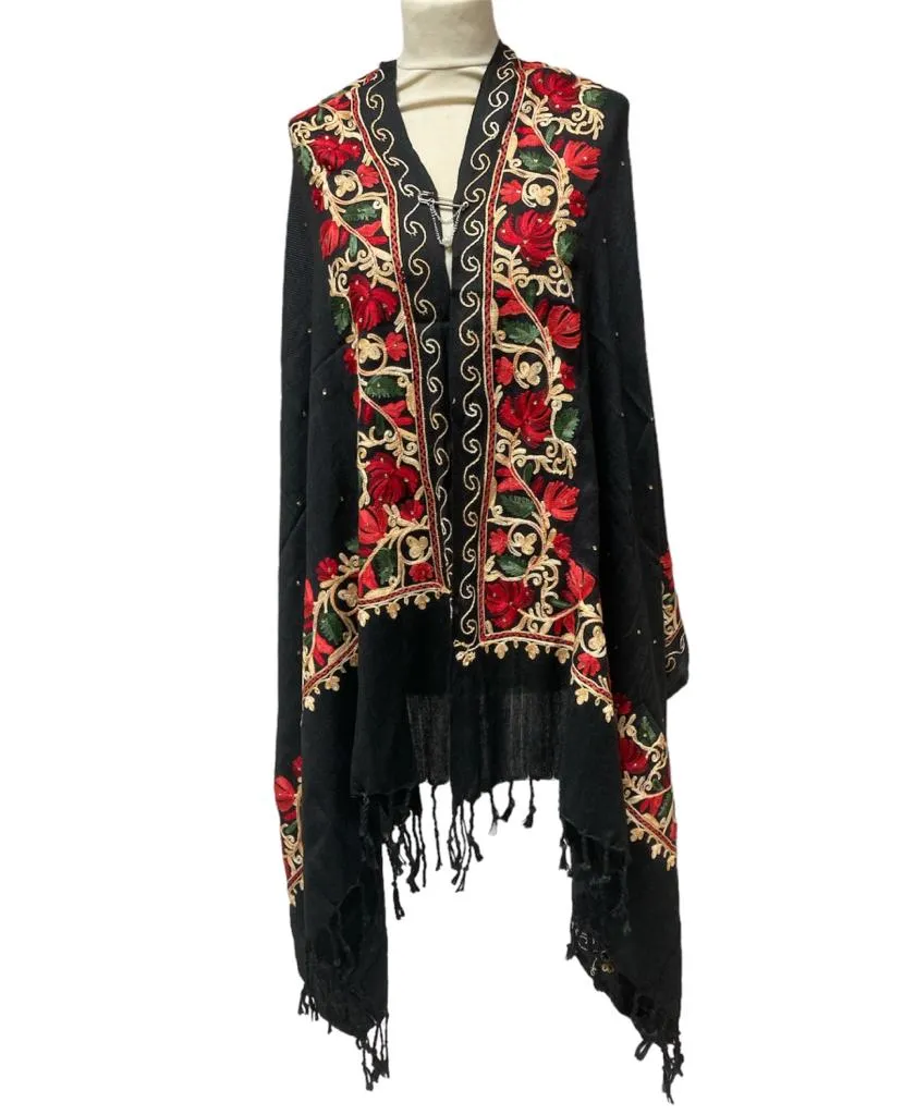 New Women Embroidery Floral Border Shawl with Beads Casual Shawl