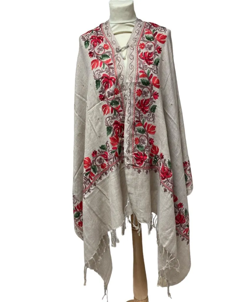 New Women Embroidery Floral Border Shawl with Beads Casual Shawl