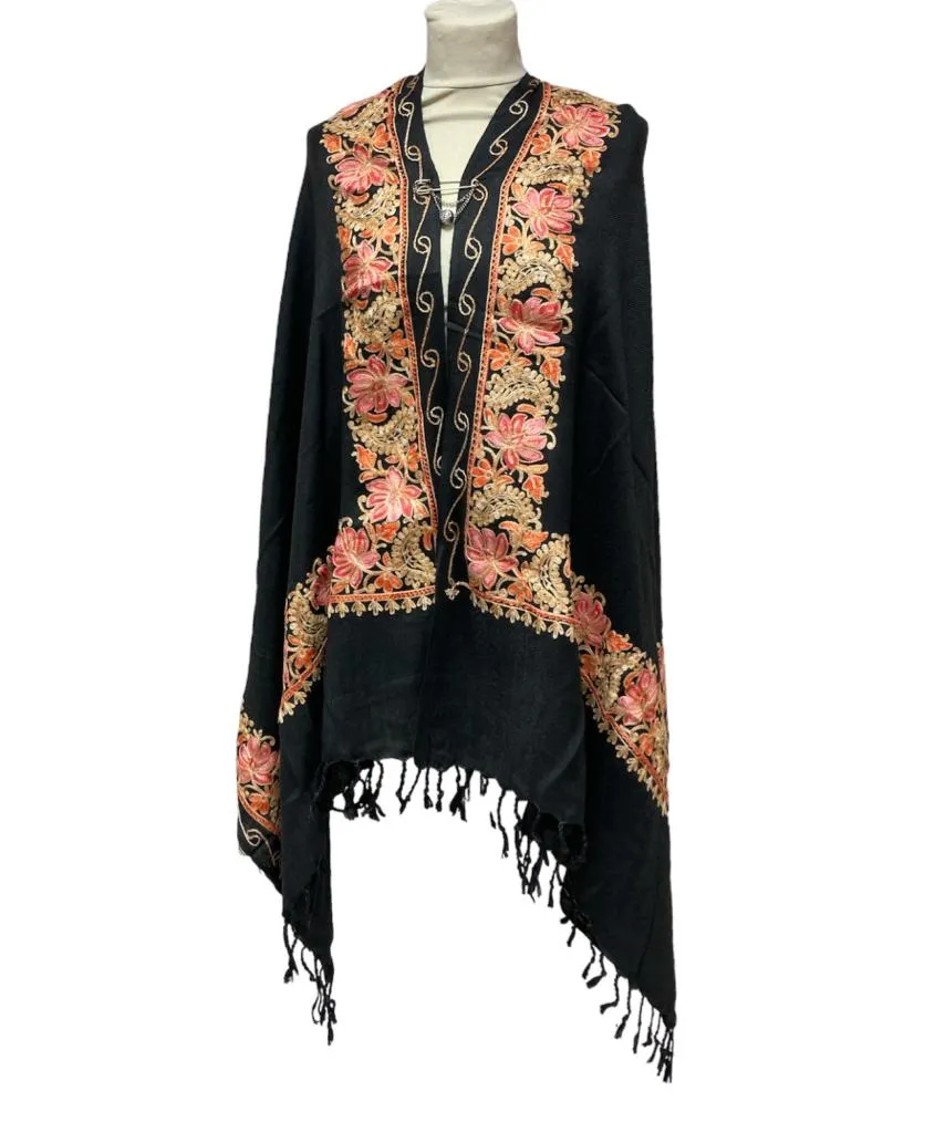 New Women Embroidery Floral Border Shawl with Beads Casual Shawl