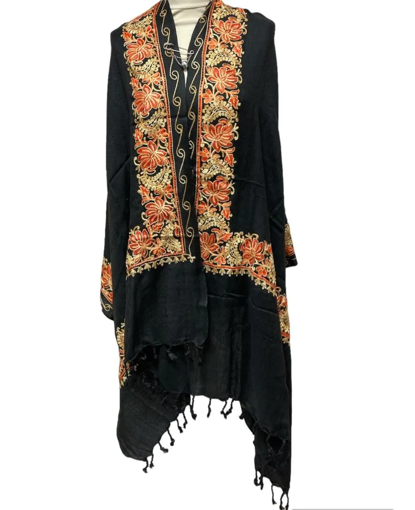 New Women Embroidery Floral Border Shawl with Beads Casual Shawl