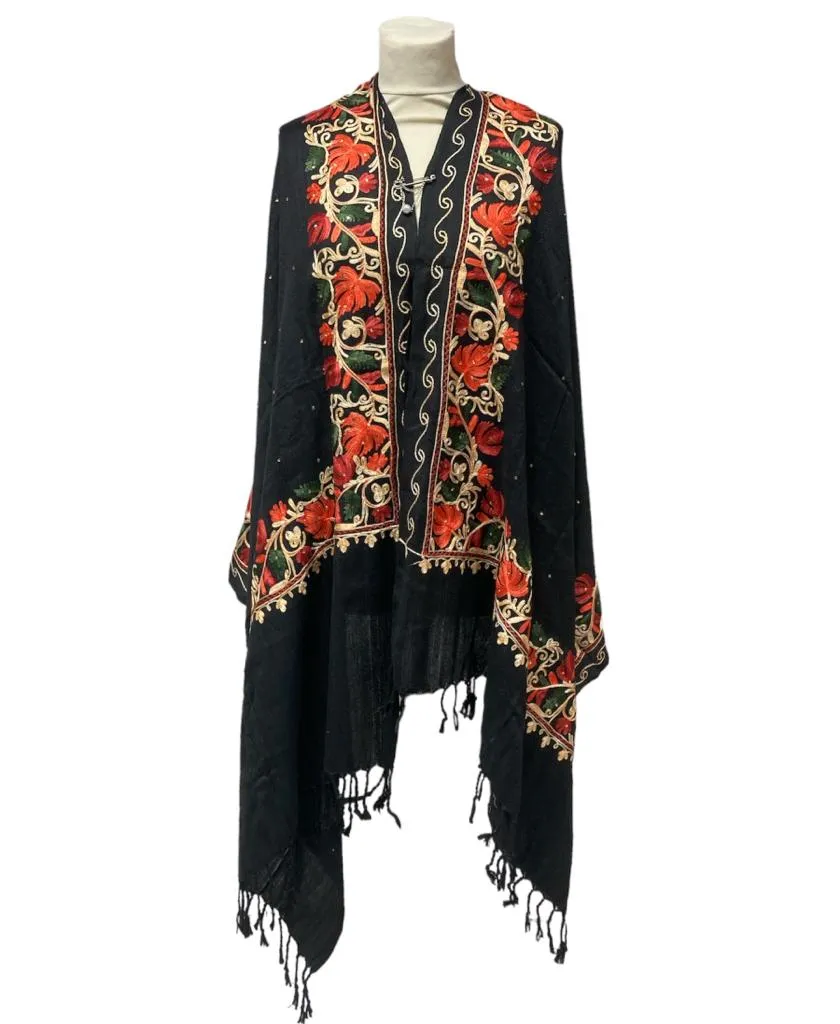 New Women Embroidery Floral Border Shawl with Beads Casual Shawl