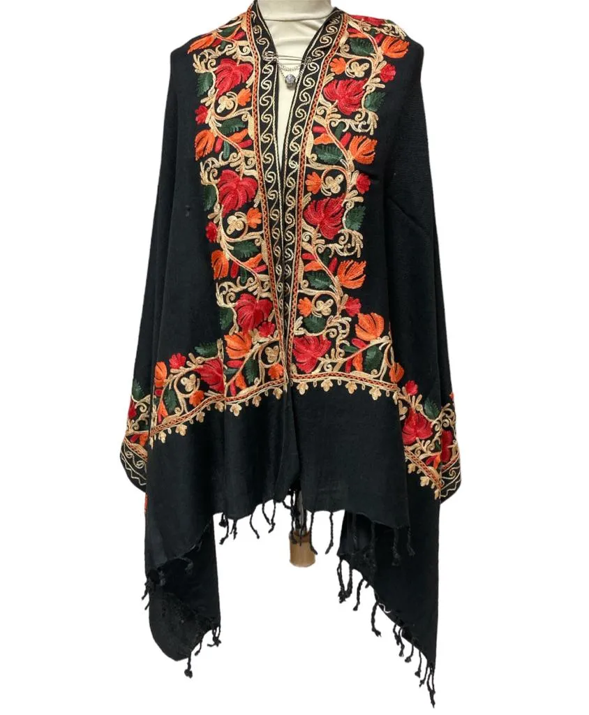 New Women Embroidery Floral Border Shawl with Beads Casual Shawl