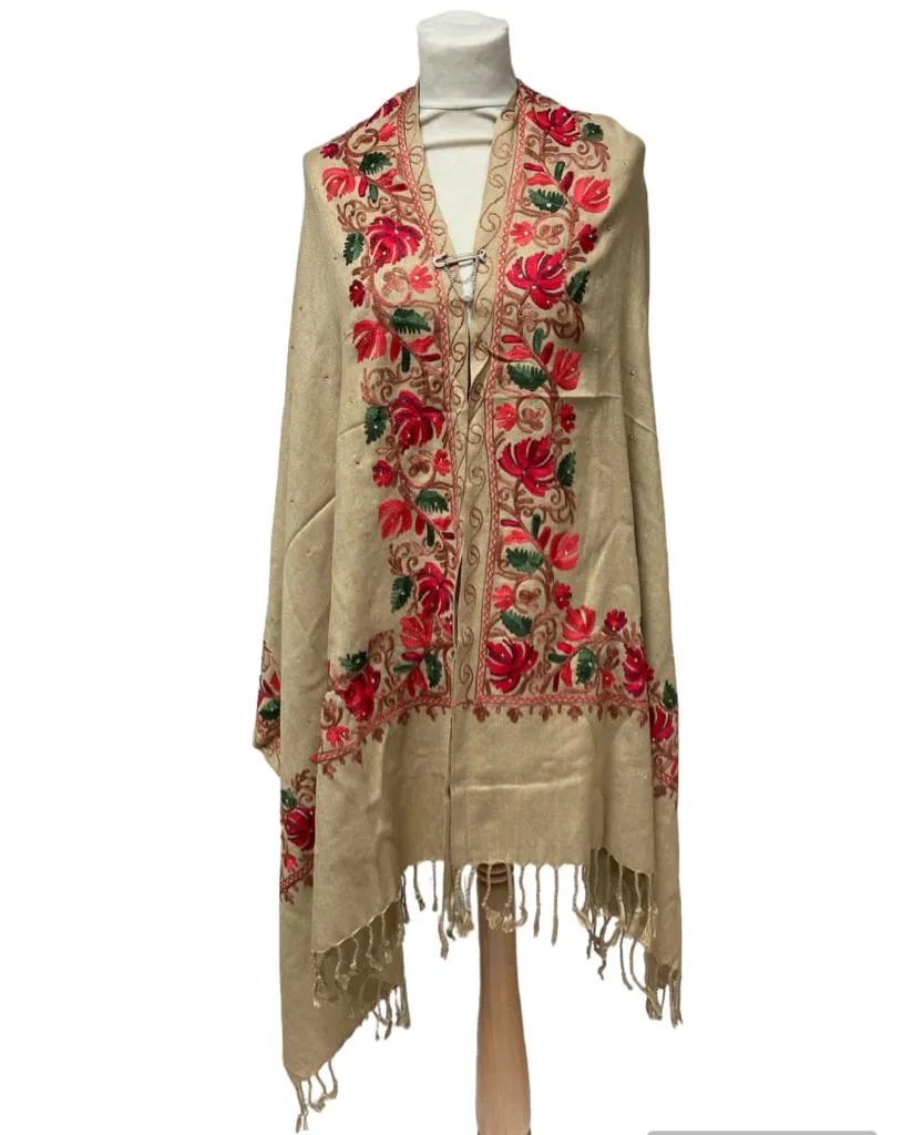 New Women Embroidery Floral Border Shawl with Beads Casual Shawl